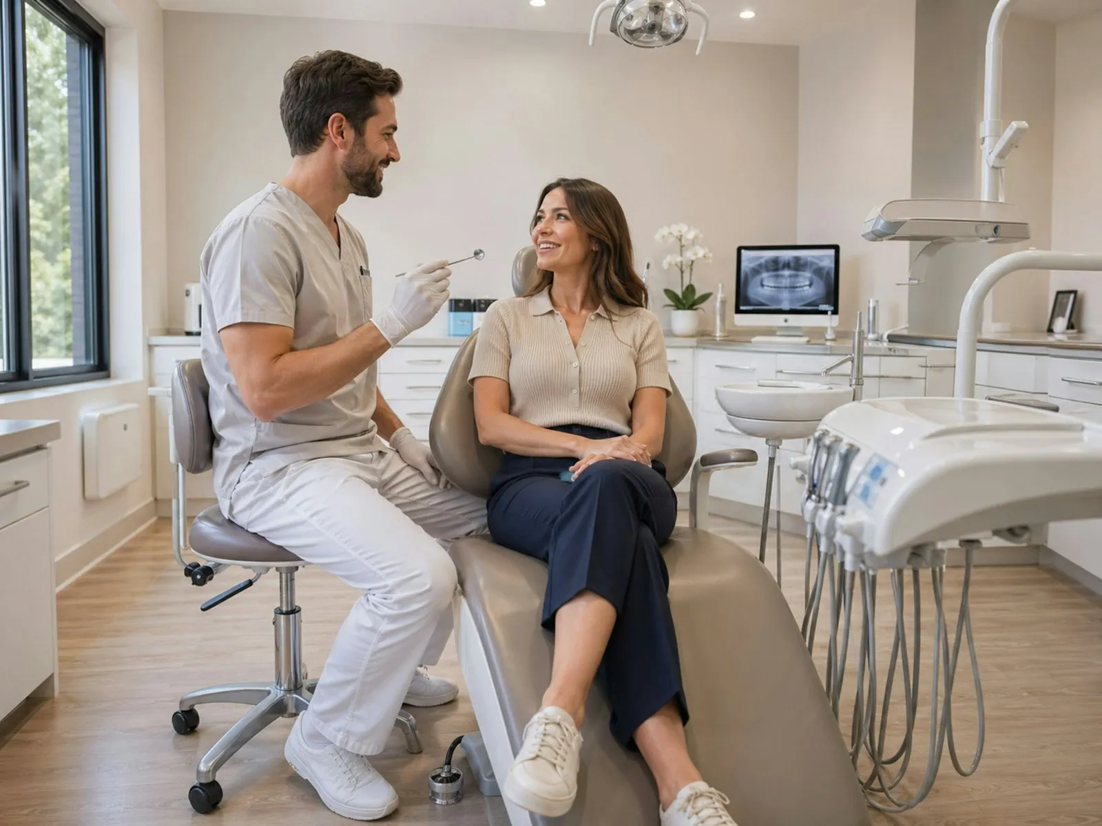 Dentista conversando com paciente na cadeira odontológica